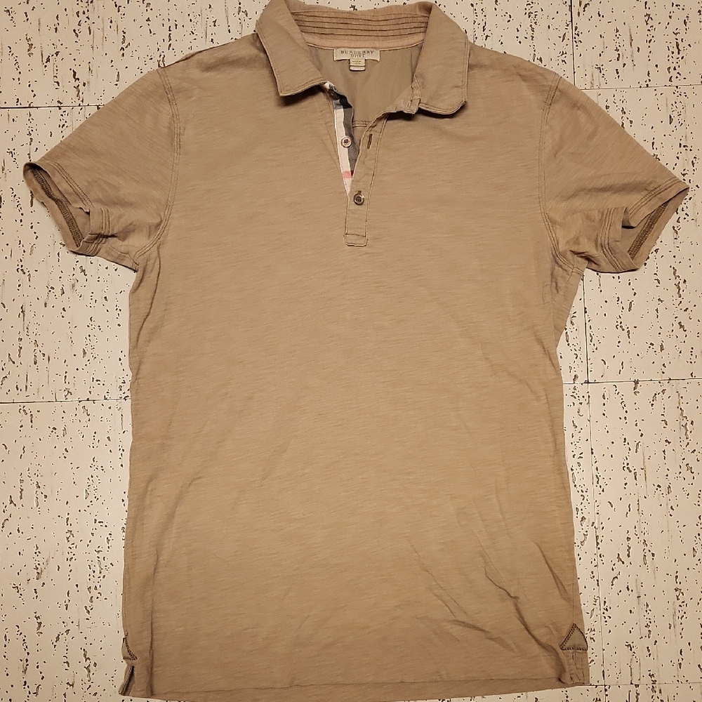Burberry Brit Tan Plaid Accent 1/4 Button Down Polo Shirt